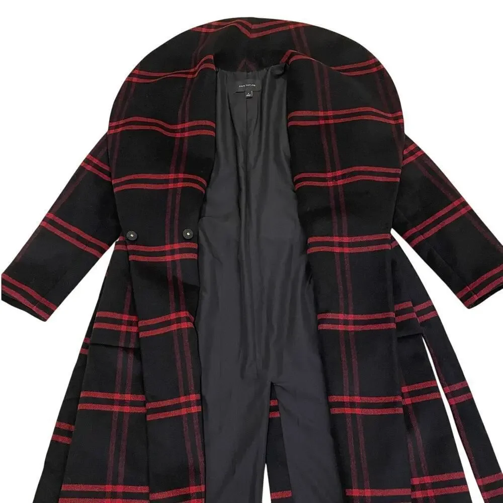 Ann Taylor Wool Blend Plaid Long Coat | Double Breasted Black Gray Red NWOT $300